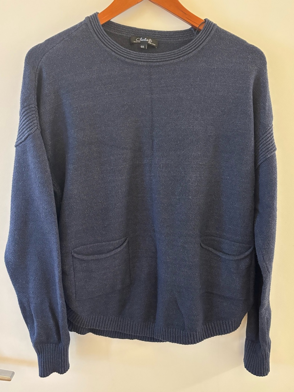 Charlie B Dusty Blue Relaxed Knit Sweater Front Pockets Size L